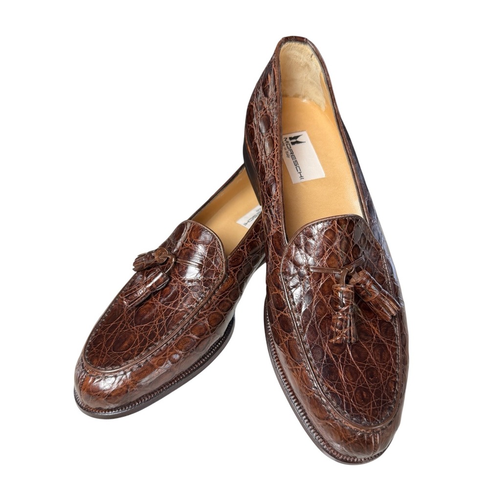 Moreschi Brown Padria Tassel Loafers Mens 8.5 Embossed Calf Leather w/ Box Bags